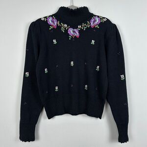 Vtg Hand Embroidered Sweater Womens M Floral Puff Sleeve Mock Neck Grandmacore